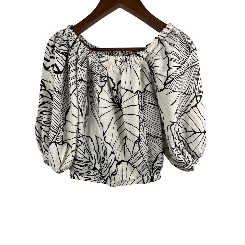 Rachel Zoe Women Blouse White Black XS Tropical Leaf Linen Blend Crop Top